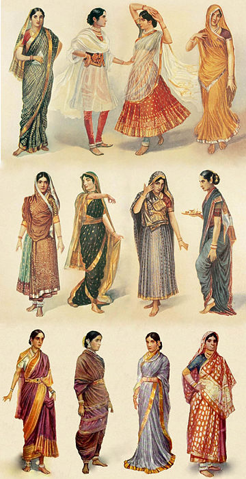 Sari in different styles (shown) has been traced to ancient Hindu traditions. In modern times, Sari is also found among non-Hindu women of South Asia.