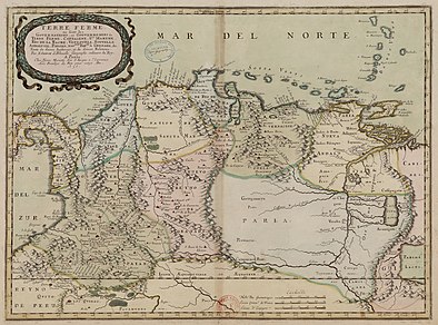 The Province of Venezuela in 1656, by Sanson Nicolas. One of the first maps about Venezuela and near regions. Terre Ferme ou sont les gouvernations ou gouvernements de Terre Ferme, Cartagene, Ste Marthe, Rio de la Hache, Venezuela, Nouvelle Andalusie, Popayan, Nouveau Roy.me de Grenade, etc - par N. Sanson d'Abbeville - btv1b8596402v.jpg