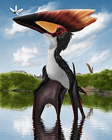 Ilustração de um Thalassodromeus, com asas de morcego e uma grande cabeça plana