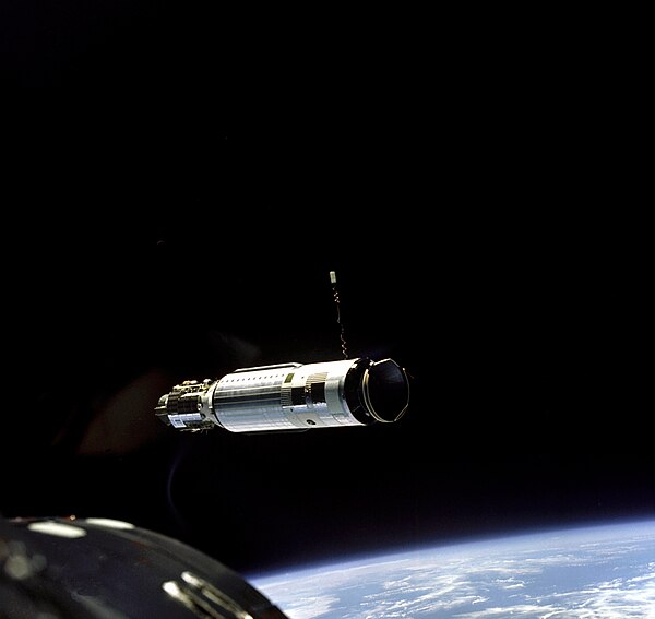 The Agena Target Vehicle as seen from Gemini 8 during rendezvous, March 16, 1966