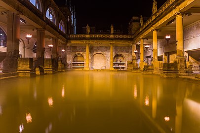 Roman Baths in Bath, at night (buildings from the 19th century)