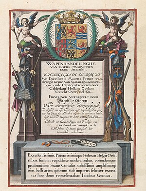 Titelpagina van Wapenhandelinghe, van roers, musquetten ende spiessen achtervolghende de ordre van syn excellentie Maurits .. figvirlyck, vutgebeelt door Jacob de Gheijn .. (1607), NG-2016-65-1.jpg