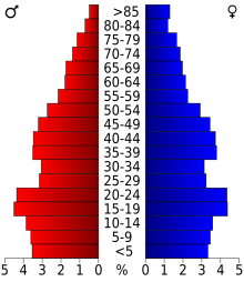 Diagram przedstawiający ludność powiatu według grup wiekowych.  Na czerwono po lewej kobiety, po prawej na niebiesko mężczyźni.