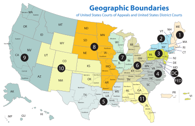 Map of the boundaries of the 12 United States Courts of Appeals and 94 United States District Courts