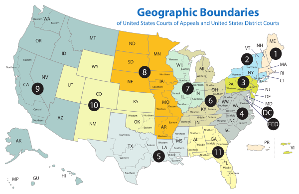Map of the boundaries of the United States district courts within each of the 13 circuits of the United States courts of appeals. All district courts lie within the boundary of a single jurisdiction, usually in a state (heavier lines). Some states have more than one district court (dotted lines denote those jurisdictions) US Court of Appeals and District Court map.svg