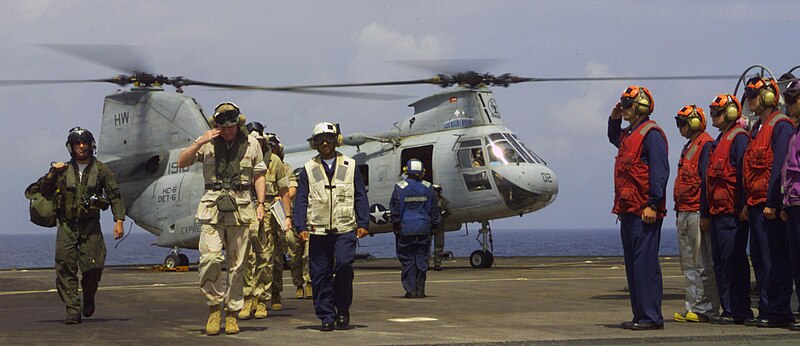 File:US Navy 030418-N-9867P-003 Brig. Gen. John McCarthy, Commanding General of the 4th Marine Division, exits a CH-46 Sea Knight during a resent visit and tour of USS Mount Whitney's (LCC-JCC 20) various communications and defense.jpg