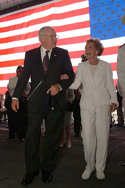 File:US Navy 030712-N-2383B-260 Vice President Dick Cheney and Mrs. Nancy Reagan walk through the hangar bay of the Navy's newest nuclear-powered aircraft carrier USS Ronald Reagan (CVN 76), at the conclusion of the carrier's commis.jpg