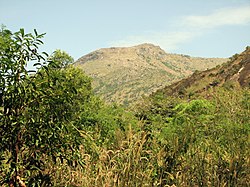 Udayagiri Fort in Kanyakumari District, Tamil Nadu, with a view of the Western Ghats and hillock within the fort. Udayagiri Hill-scene.JPG