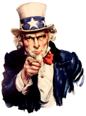 Propaganda artwork of Uncle Sam, the national personification of America; his name originated from the colloquial term U.S. Uncle Sam (pointing finger).png