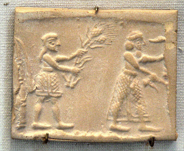 Sumerian cylinder seal impression dating to c. 3200 BC showing an ensi and his acolyte feeding a sacred herd wheat stalks; Ninurta was an agricultural