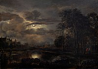 Moonlit Landscape with Bridge label QS:Len,"Moonlit Landscape with Bridge" label QS:Lpl,"Krajobraz w świetle księżyca z mostem" 1648-1650.