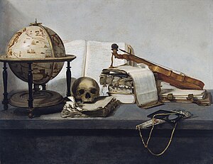 A painting showing, from left to right, a globe, skull, several books, some jewellry and a violin lain casually across a gray countertop