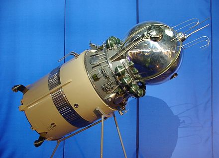 Model of the Vostok spacecraft with its upper stage, on display in Frankfurt Airport's "Russia in Space" exhibition