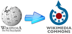 The Wikipedia logo, with a big blue arrow leading to the Wikimedia Commons logo