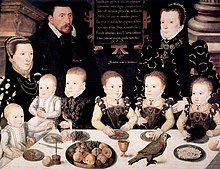 In Tudor times, William Brooke, 10th Baron Cobham, is seen with his family at table in 1567. Dickson Wright comments that the bowl of fresh fruit is unusual for the period. William Brooke 10th Baron Cobham and Family 1567.jpg