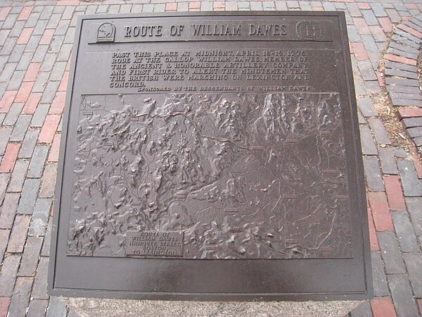 William Dawes plaque showing the route his ride. Located on Cambridge Common, Cambridge, Massachusetts.