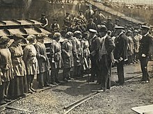 King George V visiting women workers at Sir James Laing & Sons shipyard, 15 June 1917