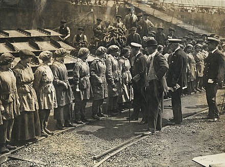 King George V visiting women workers at Sir James Laing & Sons shipyard, 15 June 1917