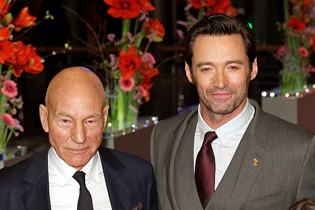 Stewart with co-star Hugh Jackman at the 2017 world premiere of Logan