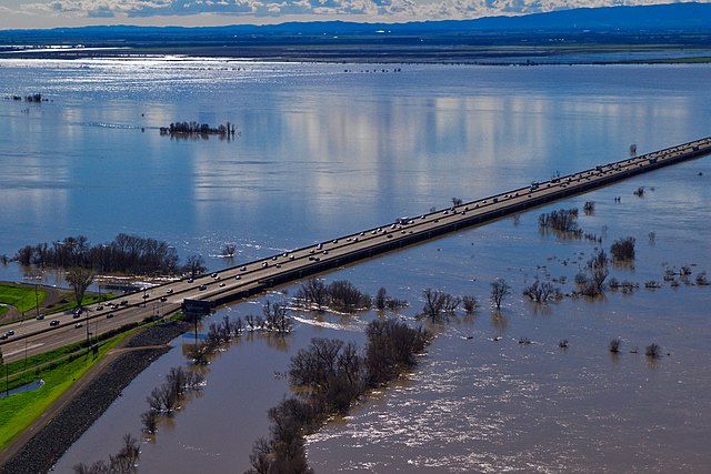 View of the flooded Yolo Bypass, looking southwest from West Sacramento (2017)