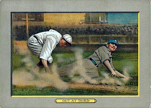 A 1911 American Tobacco Company baseball card illustrating a baserunner being tagged out at third base
