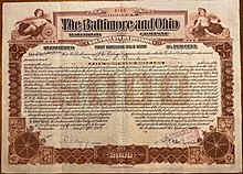 Bond issued by The Baltimore and Ohio Railroad. Bonds are a form of borrowing used by corporations to finance their operations. 1925.B&O.Railroad.Stock.Louis.Brandeis.jpg