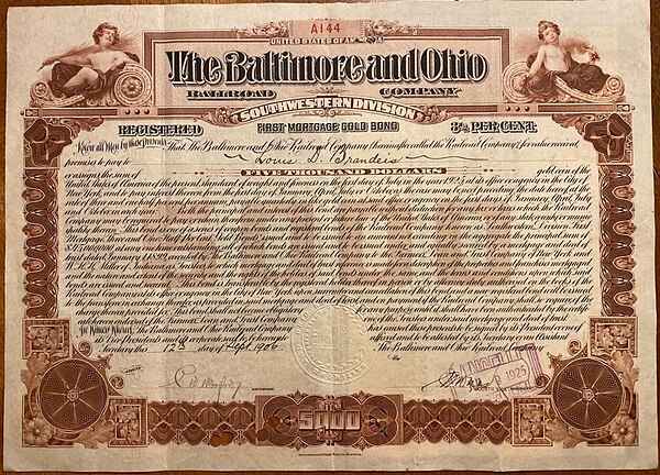 Bond issued by The Baltimore and Ohio Railroad. Bonds are a form of borrowing used by corporations to finance their operations.