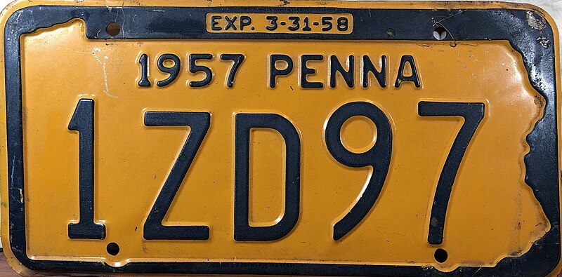 File:1957 Pennsylvania license plate 1ZD97.jpg