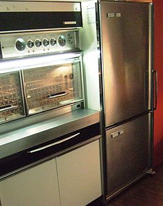 Frigidaire Imperial "Frost Proof" model FPI-16BC-63, top refrigerator/bottom freezer with brushed chrome door finish made by General Motors Canada in 1963