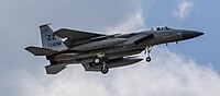 A US Air Force F-15C Eagle, tail number 82-0038, on final approach at Kadena Air Base in Okinawa, Japan.