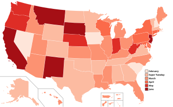 Maps of the Democratic Party (left) and the Republican Party (right) primary and caucus dates, 2016. The staggered nature of the primary and caucus season is source of criticism of the presidential nomination process