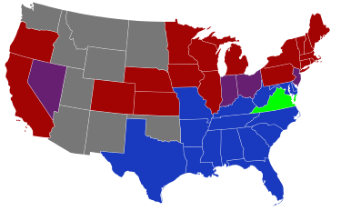 Senators' party membership by state at the opening of the 49th Congress in March 1885.
2 Democrats
1 Democrat and 1 Republican
2 Republicans
2 Readjusters
Territories 49th United States Congress Senators.svg