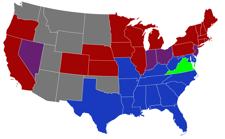 Senators' party membership by state at the opening of the 49th Congress in March 1885.   2 Democrats   1 Democrat and 1 Republican   2 Republicans   2 Readjusters   Territories