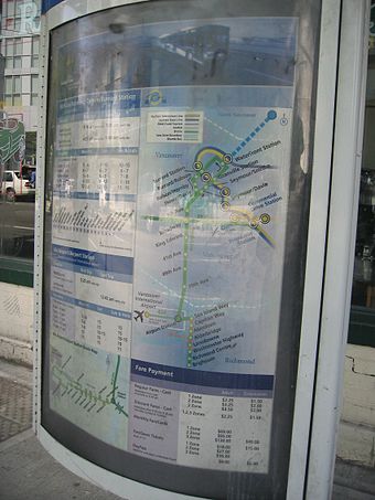 Bus stop info poster in Vancouver, British Columbia also shows rapid transit routes