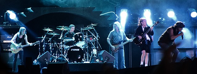 AC/DC in Buenos Aires in 2009. From left to right: Malcolm Young, Phil Rudd, Cliff Williams, Angus Young and Brian Johnson
