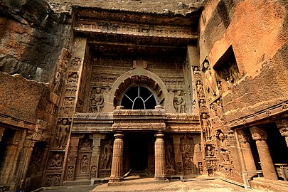 The Ajanta Caves are 30 rock-cut Buddhist cave monuments built during rule of the Vakatakas.