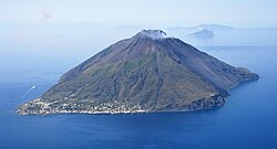 Aerial view of Stromboli from the northeast; to the right, the Sciara del Fuoco can be seen.