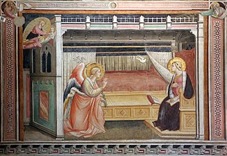 Peinture. L'ange et Marie devant un grand lit dont le rideau est fermé du côté de l'ange et entrouvert du côté de Marie.