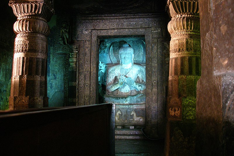 File:Ajanta Caves, India, Buddha image inside ancient cave temple.jpg