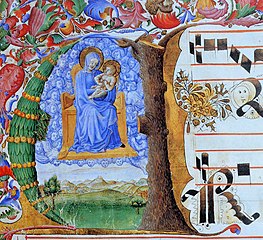 Antiphonary III; The Madonna and Child enthroned in the angelic Host (ca. 1442) Tempera, gold, and ink on vellum (15 x 14.5 cm.) Biblioteca Comunale degli Intronati, Siena