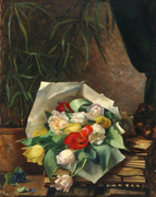 Augusta Dohlmann, Still-life with colourful tulips on a table