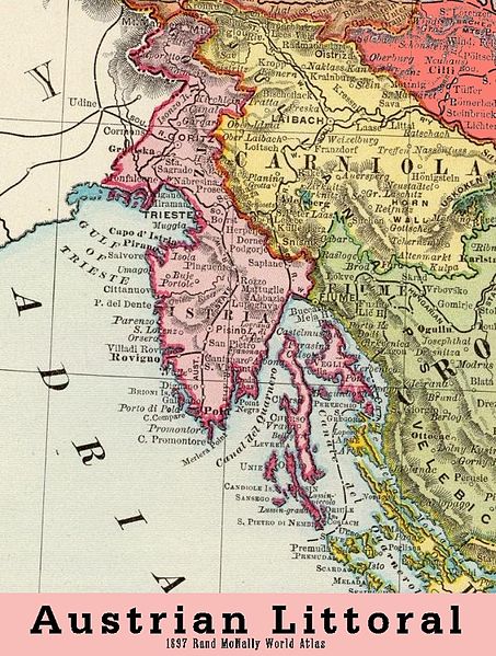 The Austrian littoral, with Gorizia and Istria in pink and Carniola in yellow