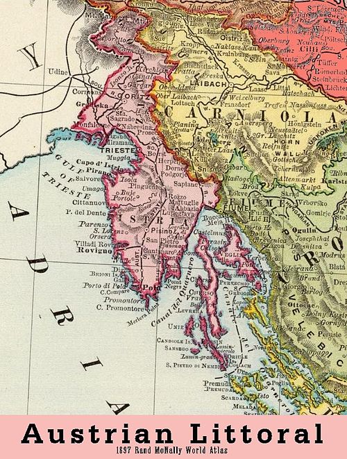 The Austrian littoral, with Gorizia and Istria in pink and Carniola in yellow