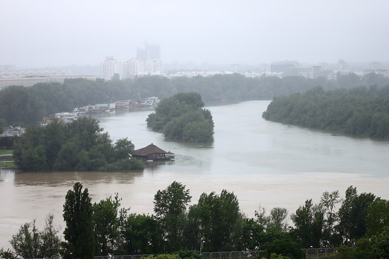 File:Bělehrad, Kalemegdan, Rozvodněná Sáva se vlévá do Dunaje.jpg