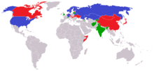 A record eighteen countries participated in the World Championships of 2016 and 2017. Blue means Division A countries, red Division B countries as of the 2017 tournament and green the other FIB members. Latvia, which was relegated from Division A in 2016, made a late cancellation in 2017. BandyCountriesWC2017.png