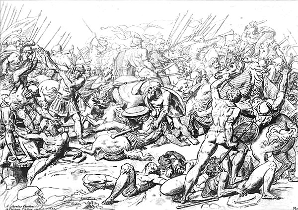 Battle of Potidaea (432 BC): Athenians against Corinthians. Scene of Socrates saving Alcibiades. 18th century engraving.