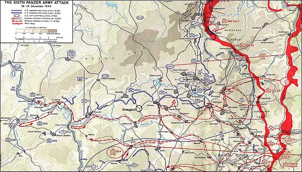The route of Kampfgruppe Peiper: The black circle indicates the Baugnez crossroads where the Waffen-SS committed the Malmedy massacre on 17 December 1