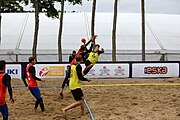 Deutsch: Beachhandball Europameisterschaften 2019 (Beach handball Euro); Tag 5: 6. Juli 2019 – Männer, Platzierungsspiel für die Ränge 5–8, Frankreich-Deutschland 0:2 (18:22, 16:19) English: Beach handball Euro; Day 5: 6 July 2019 – Placement Match/Cross Match for rank 5–8 Men – Frankreich-Deutschland 0:2 (18:22, 16:19)