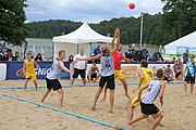 Deutsch: Beachhandball Europameisterschaften 2019 (Beach handball Euro); Tag 2: 3. Juli 2019 – Männer, Vorrunde Gruppe A, Deutschland-Norwegen 2:0 (20:18, 28:12) English: Beach handball Euro; Day 2: 3 July 2019 – Women Preliminary Round Group A – Men Preliminary Round Group A – Germany-Norway 2:0 (20:18, 28:12)