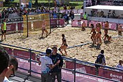 Deutsch: Beachhandball bei den Olympischen Jugendspielen 2018; Tag 3, 10. Oktober 2018; Mädchen, Vorrunde, Gruppe B - Niederlande-Argentinien 2:0 English: Beach handball at the 2018 Summer Youth Olympics at 10 October 2018 – Girls Preliminary Round Group B‎ – Netherlands-Argentina 2:0